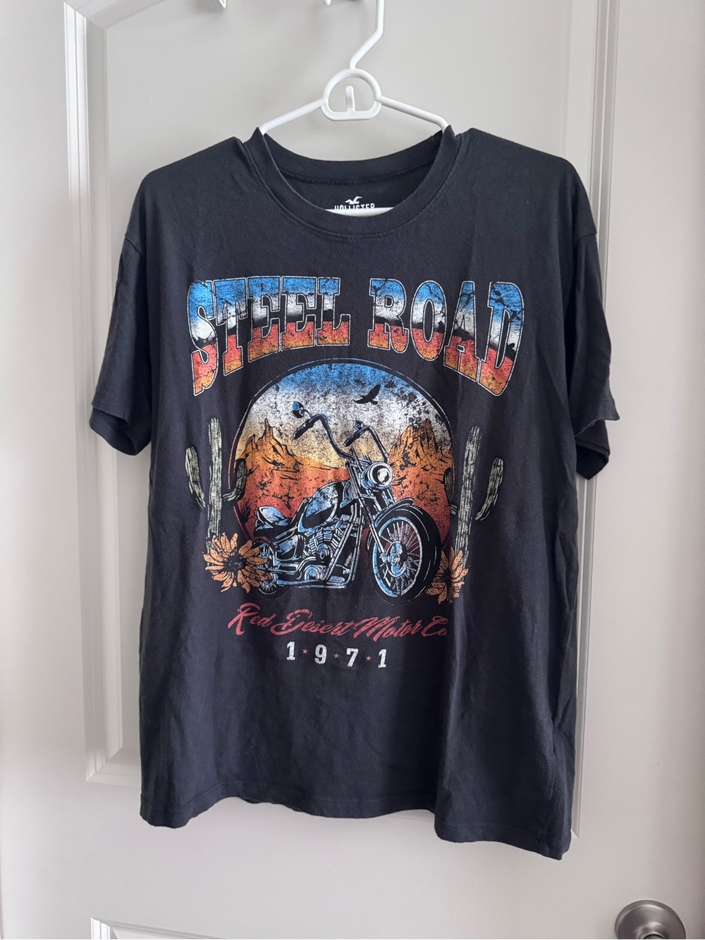 Hollister Black 'Steel Road' Graphic Tee with Blue and Orange Accents